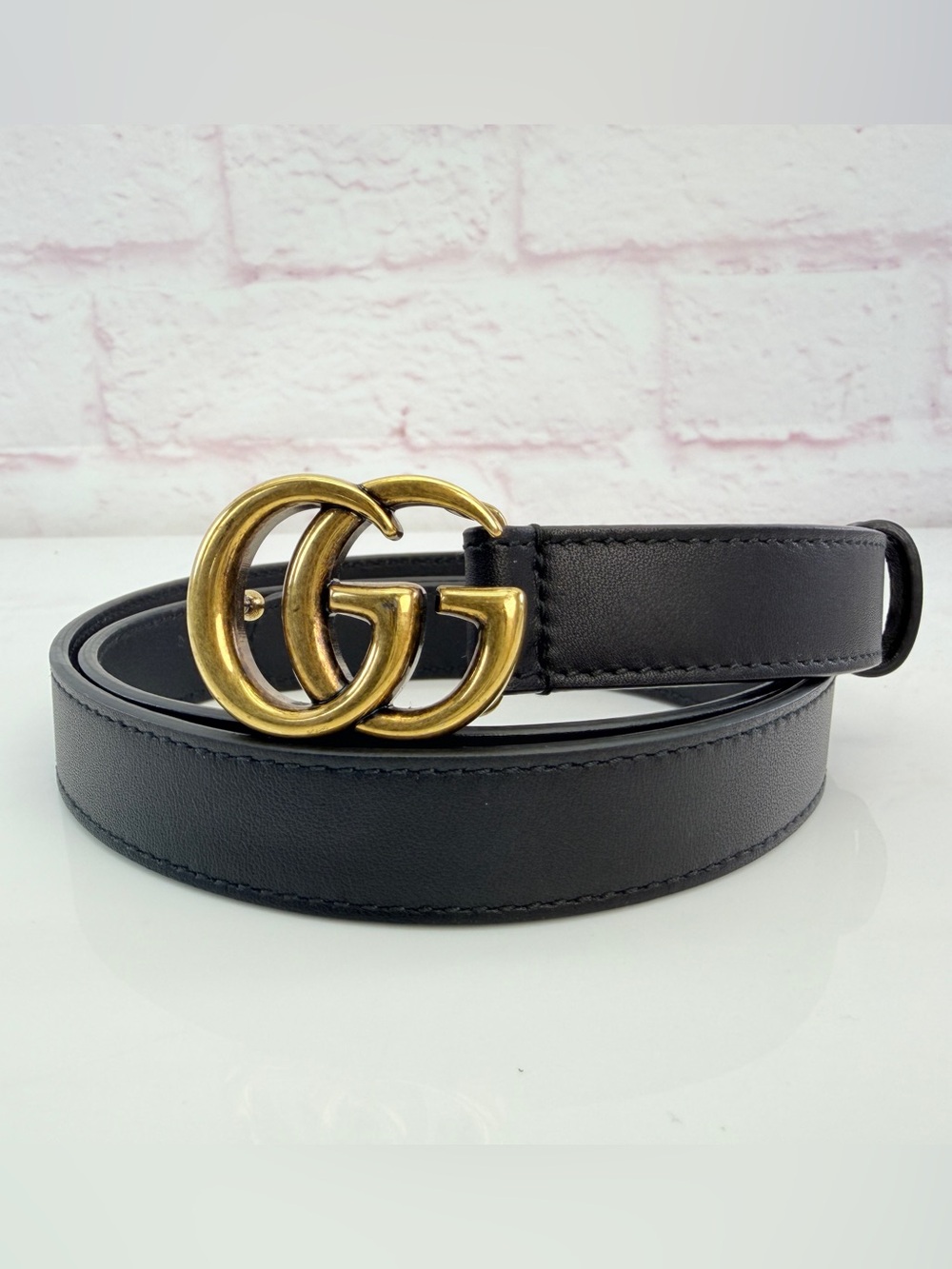 Gucci Slim Leather Marmont Gg Double  Belt Black 85/34” 414516